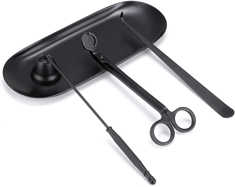 Matte black 4-piece candle care kit with oval tray, wick trimmer, snuffer, and dipper