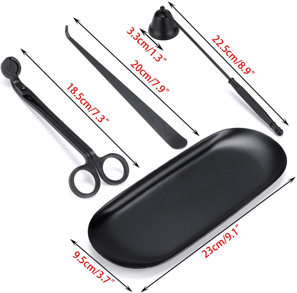 Candle care kit dimensions: oval tray, wick trimmer, snuffer, and dipper