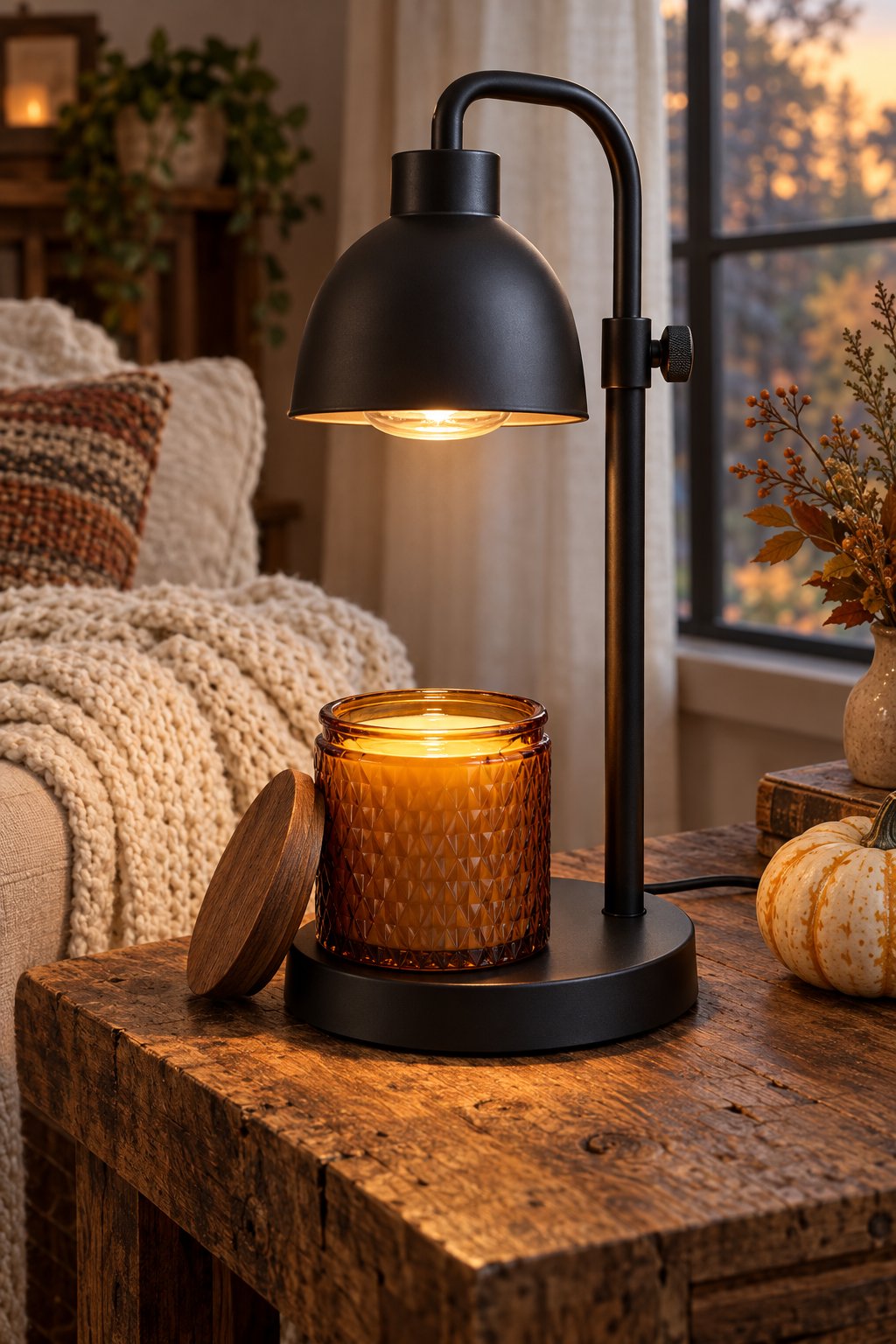 Cozy Night Bundle: candle warmer lamp with amber glass soy candle