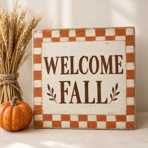 Welcome Fall wooden plaid sign, 12 inch, farmhouse fall decor